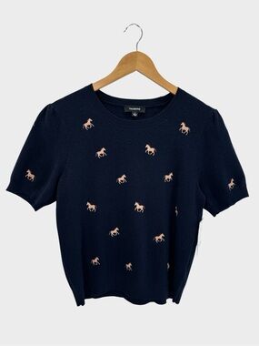 Calligraphie Navy Horse Embroidered Short Sleeve Sweater Equestrian Preppy L